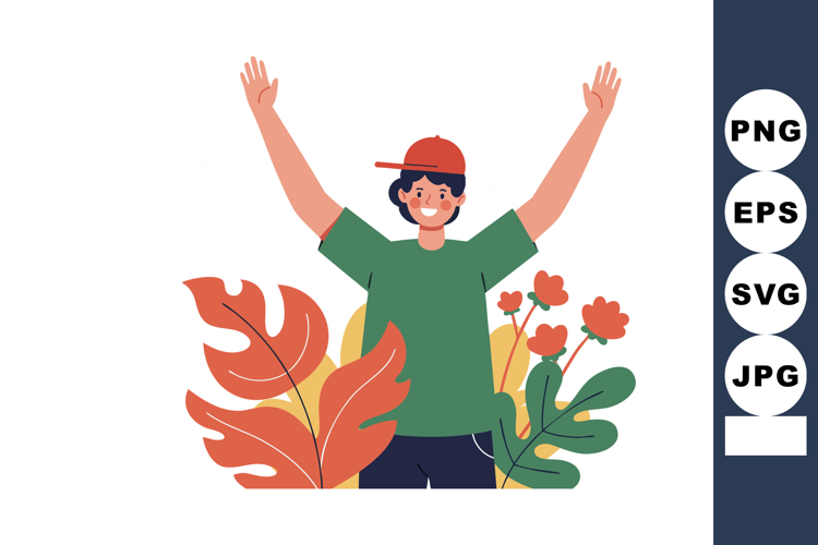 Happy Boy Wearing Red Cap and Green Shirt Surrounded by Oran