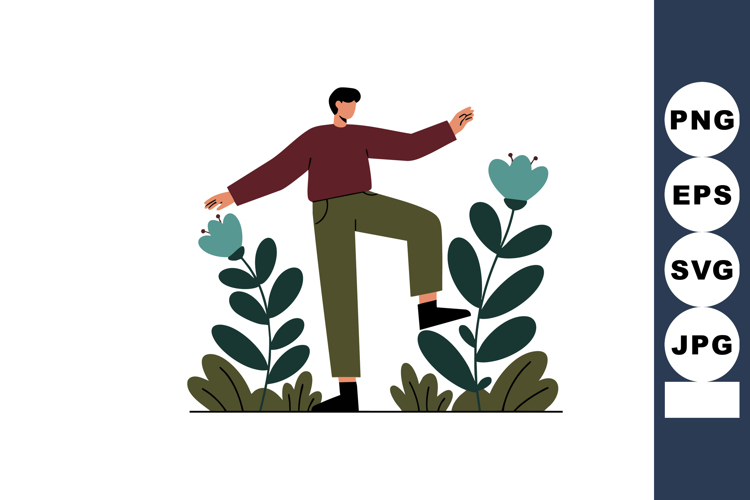 Person balancing on one leg among green plants with maroon s