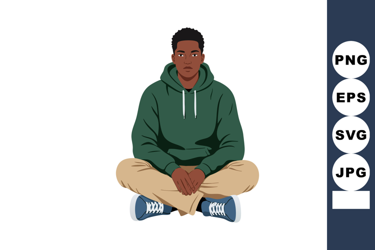 Young man sitting cross-legged in green hoodie and blue snea