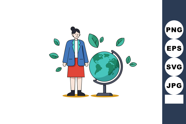 Woman standing near globe with floating green leaves environ