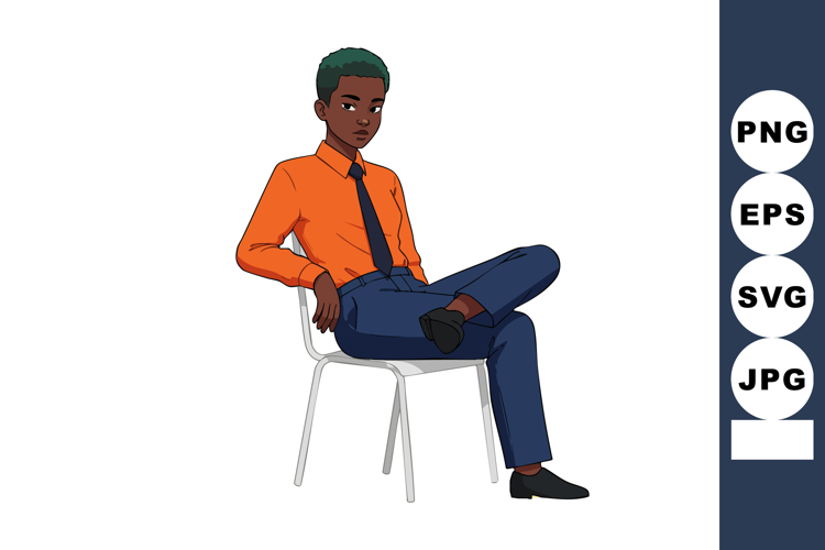 Confident young man sitting on chair in orange shirt and blu
