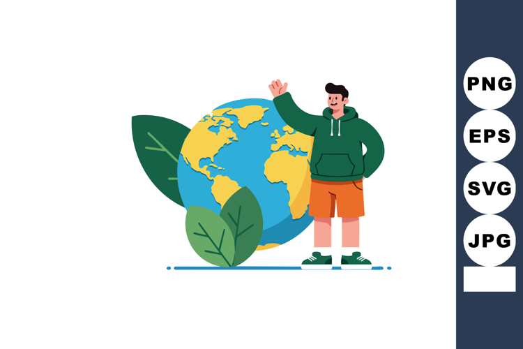 Young man standing with earth globe surrounded by green leav