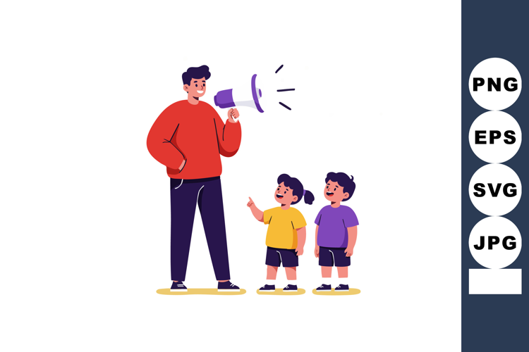 Man with megaphone speaking to two happy children outdoors i