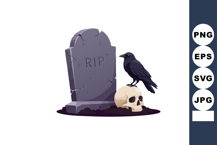 Gravestone with cracked surface and raven sitting on human s