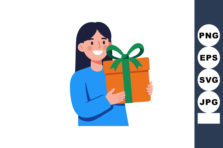 Woman holding gift box with green ribbon smiling in blue swe
