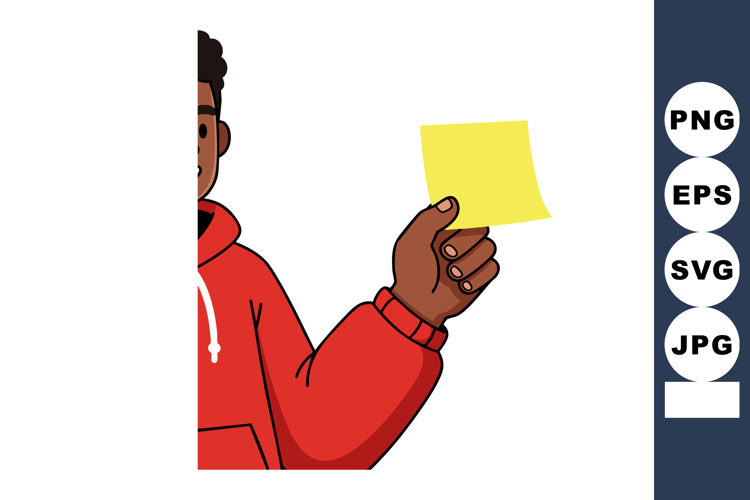 Man holding sticky note with red hoodie casual gesture vecto