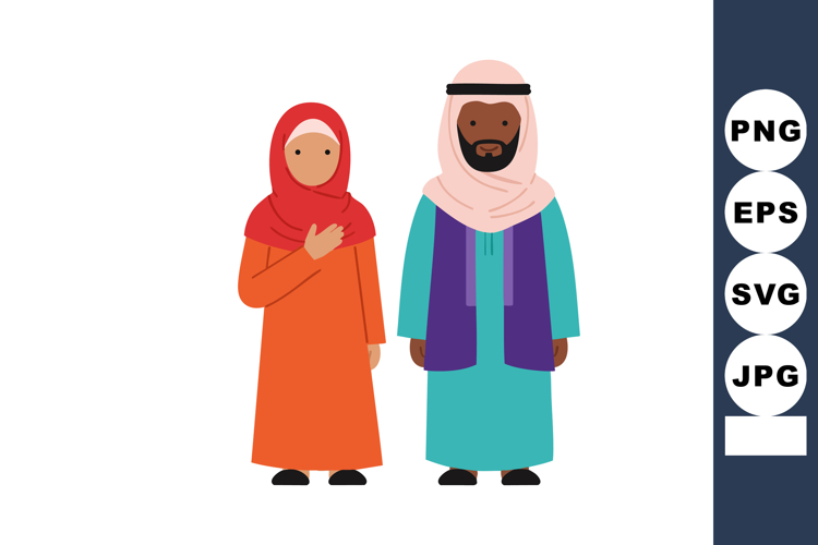 Muslim man and woman wearing traditional clothing standing t
