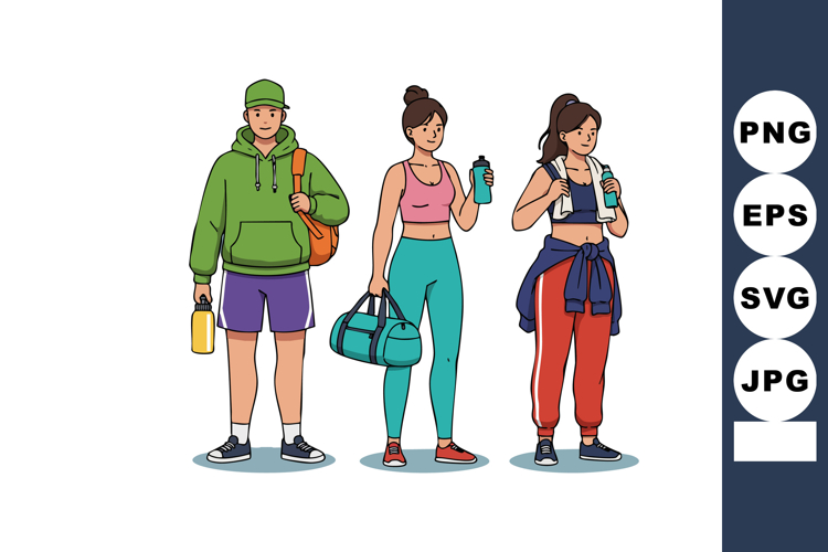 Group of three young sporty people in casual activewear hold