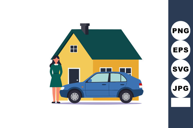 Woman standing near house with blue car in front of yellow h