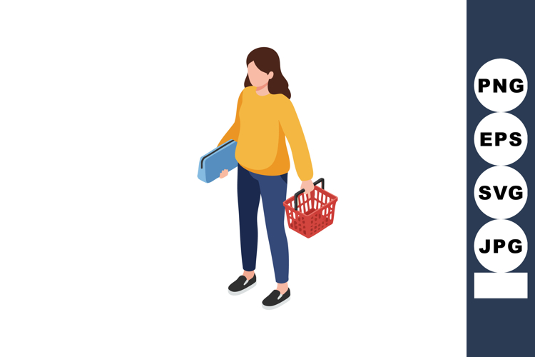 Pregnant woman carrying shopping basket and folder casual st