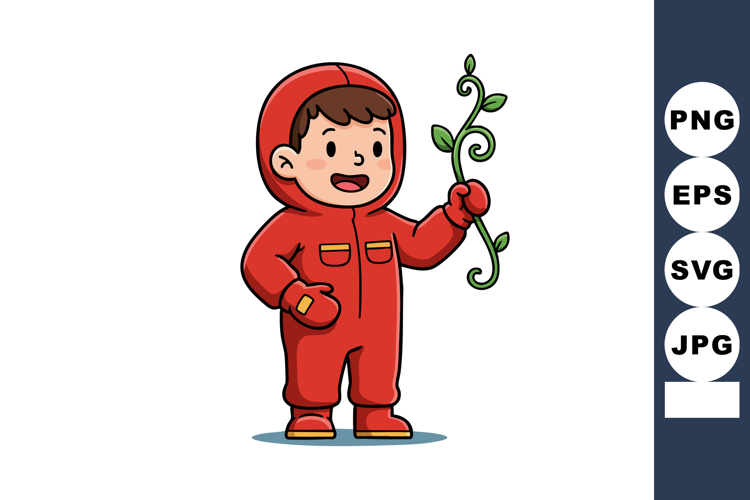 Child wearing red hooded jumpsuit holding green leafy plant