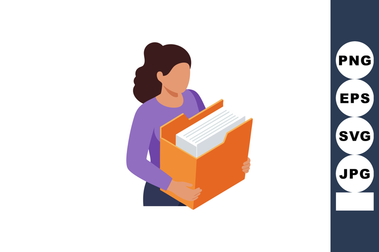 Woman holding large folder with documents in purple shirt an
