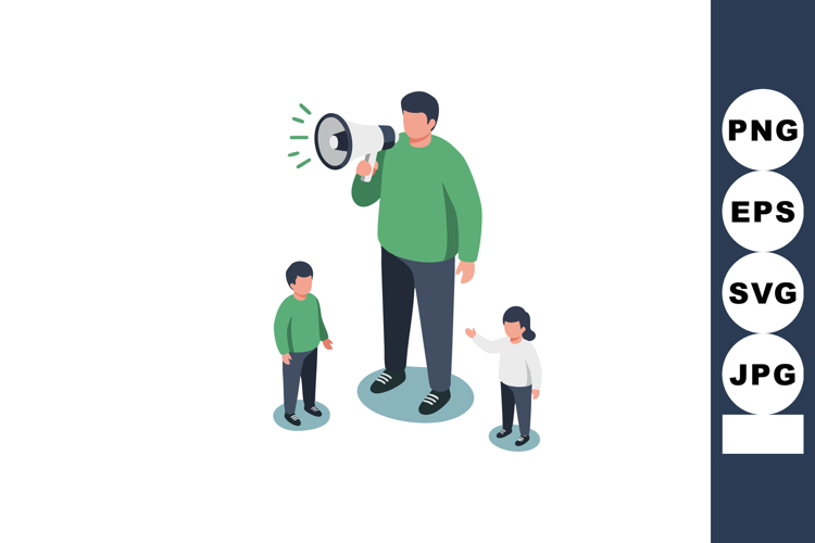 Man with megaphone communicating to two children in casual c