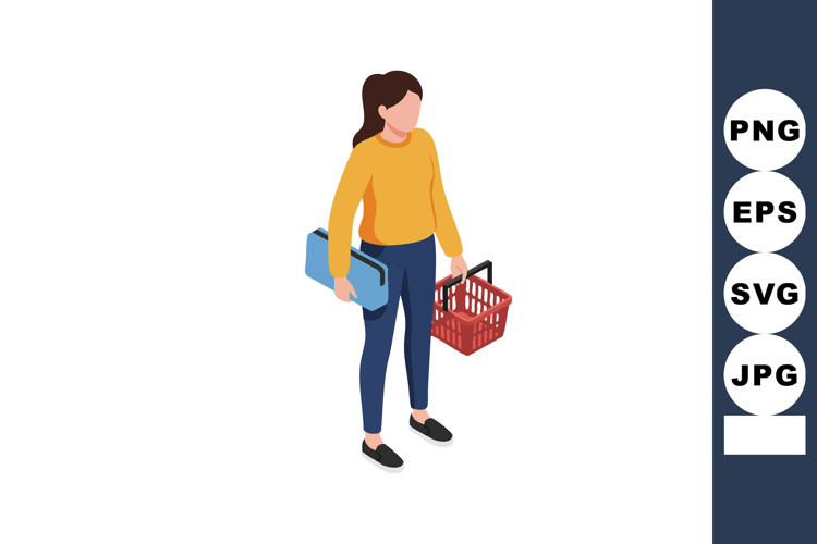 Woman carrying shopping basket and briefcase walking casual