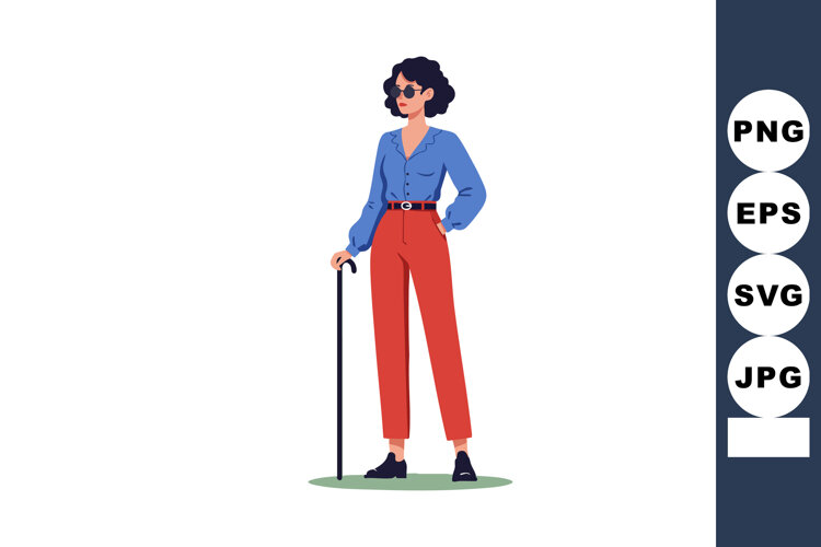 Woman standing with cane wearing blue blouse red pants and s example image 1