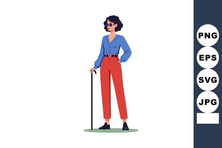 Woman standing with cane wearing blue blouse red pants and s