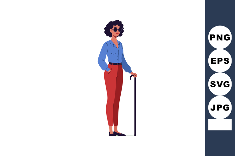 Woman with walking cane in red pants and blue shirt casual c