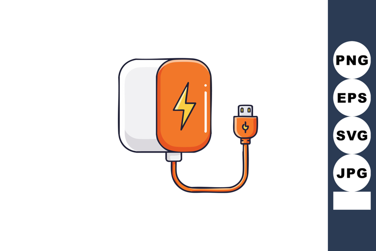 Orange and white USB charger with lightning symbol and cable