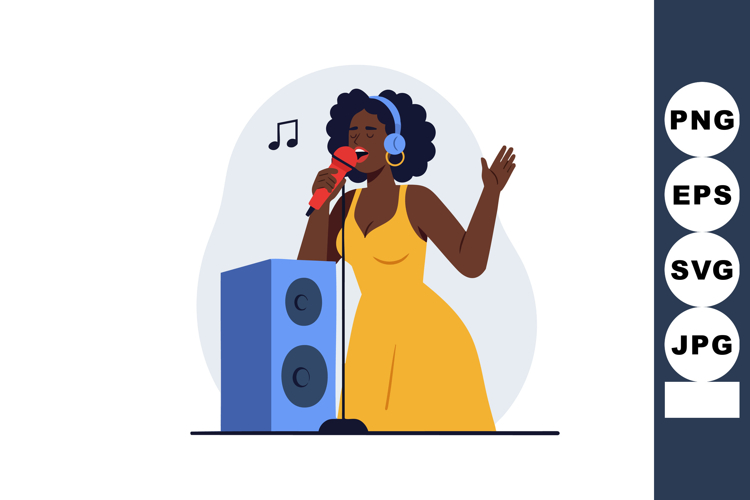 Woman singing with headphones and microphone enjoying music