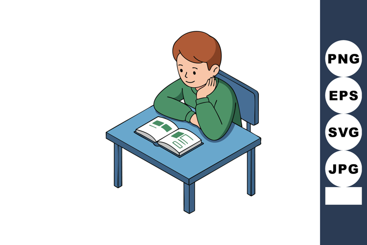Boy studying at desk reading book with green sweater and bro