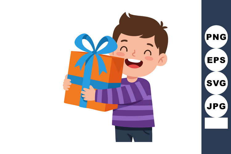Happy boy holding big orange gift box with blue ribbon smili