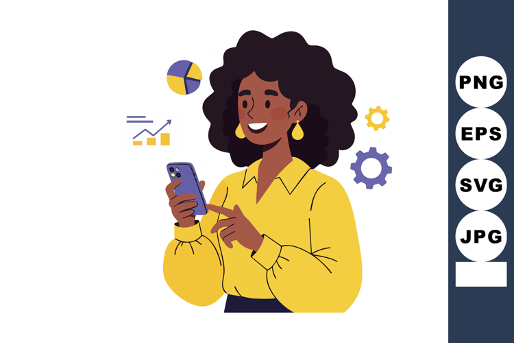 Woman using smartphone with business charts and gears illust