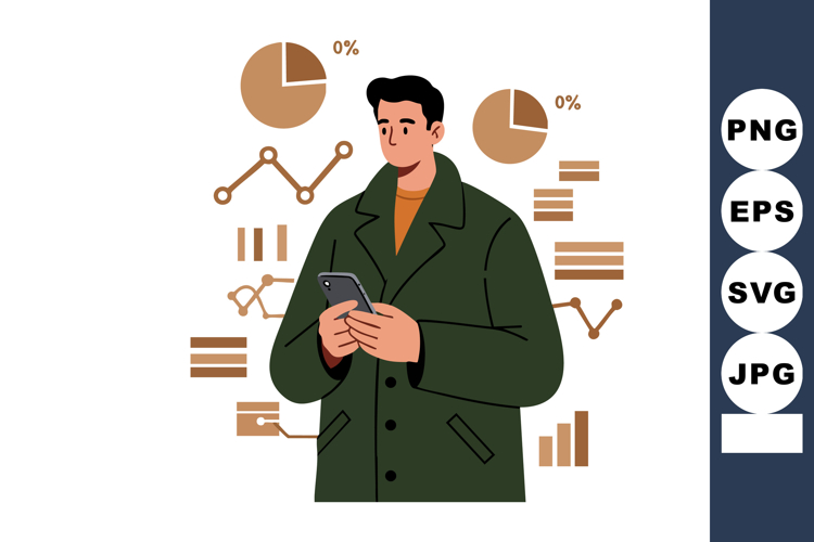 Man Using Smartphone with Business Data Charts and Graphs Il