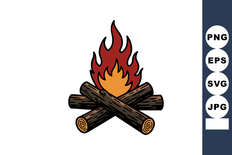 Campfire with burning logs and orange red flames illustratio