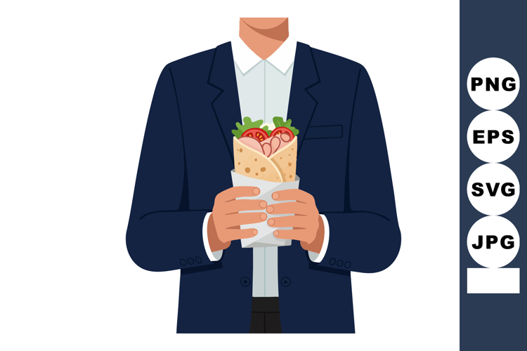 Man in suit holding fresh vegetable and meat wrap sandwich v