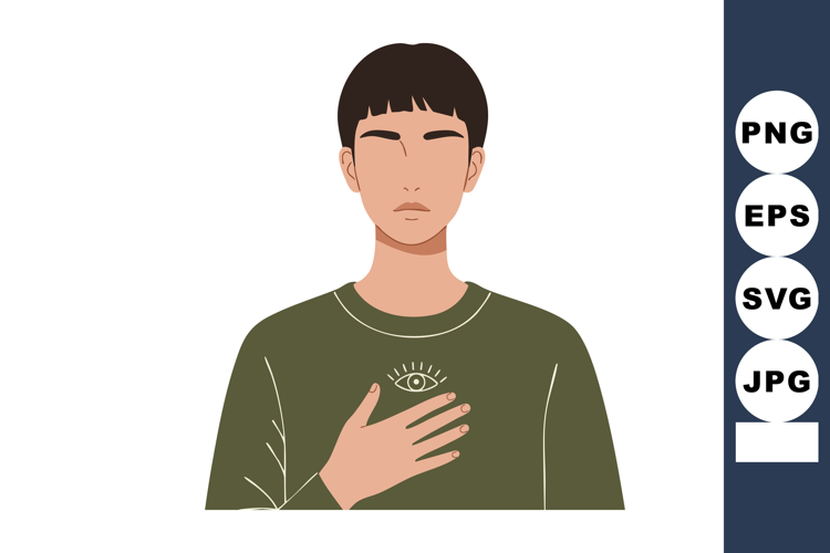 Young man with hand on chest wearing olive green sweatshirt