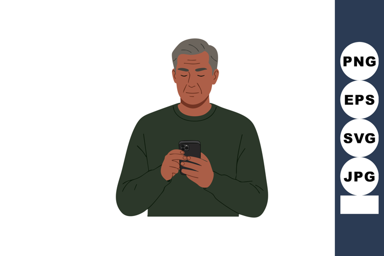 Middle aged man using smartphone in green sweater digital ve