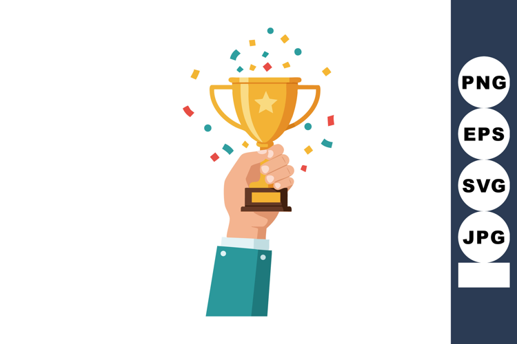 Hand holding golden trophy cup with colorful confetti celebr