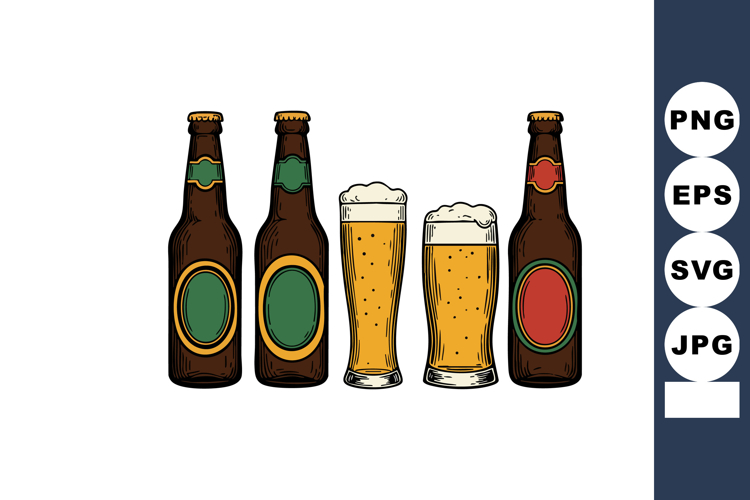 Beer bottles and glasses with foam illustration in vintage s
