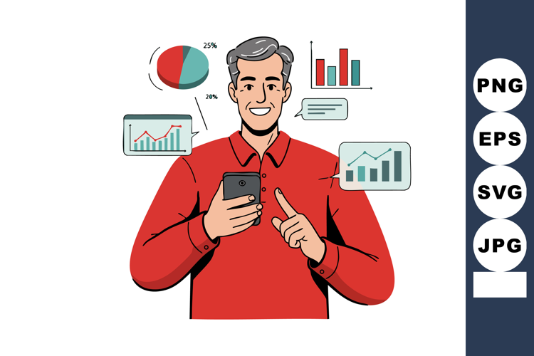 Man in red shirt analyzing business data charts on smartphon