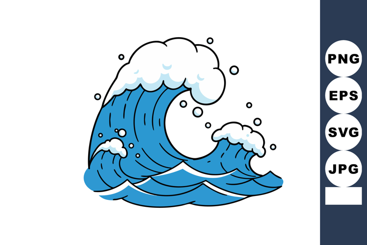 Ocean wave vector illustration with blue water and white foa