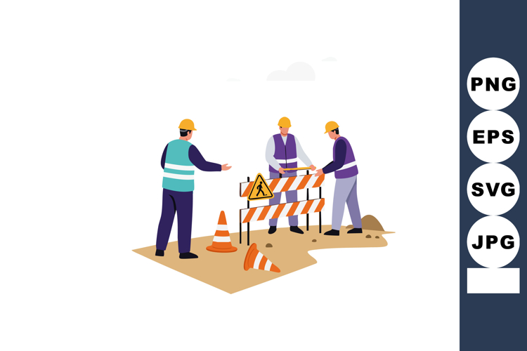 Construction Workers Installing Safety Barrier on Roadwork S