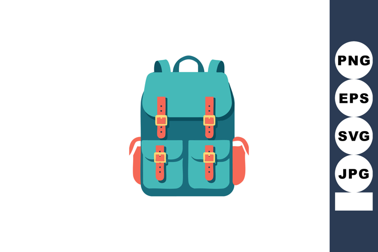 Blue and orange backpack with buckles and pockets vector ill