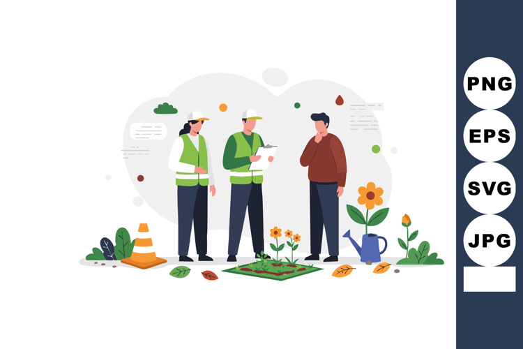 Environmental workers discussing gardening and planting tech