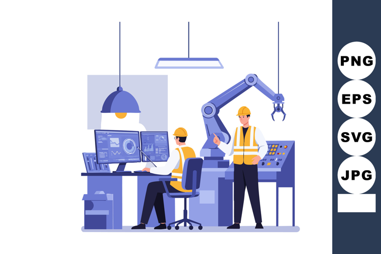 Industrial automation engineers working with robotic arm and