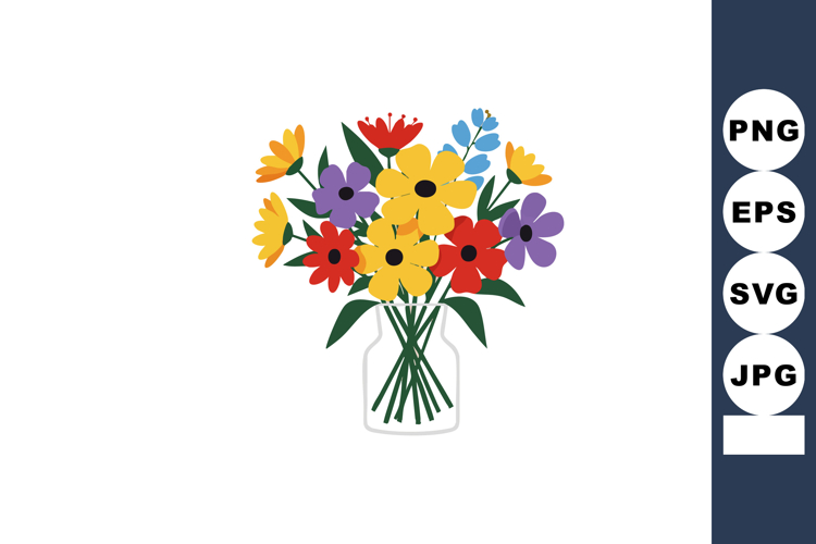 Colorful bouquet of wildflowers in transparent vase with gre