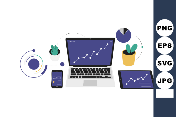 Digital devices showing data analytics and growth charts in