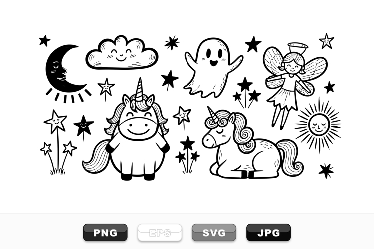 Hand Drawn Magical Unicorn Fairy SVG Clipart Set