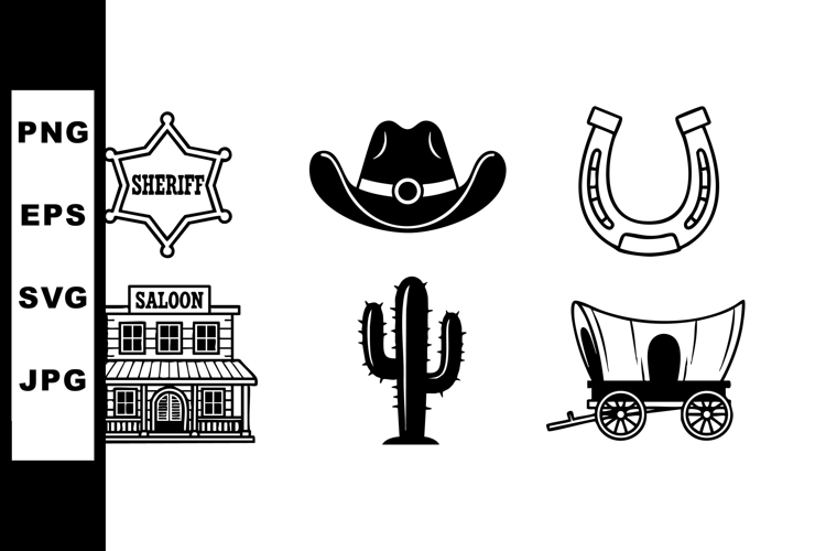 Western cowboy icons collection with sheriff badge saloon ca