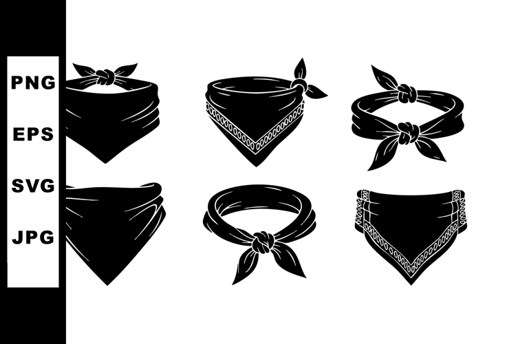 Collection of black bandana silhouettes with knot and paisle