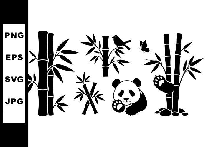 Panda and bamboo forest illustration with butterfly in black