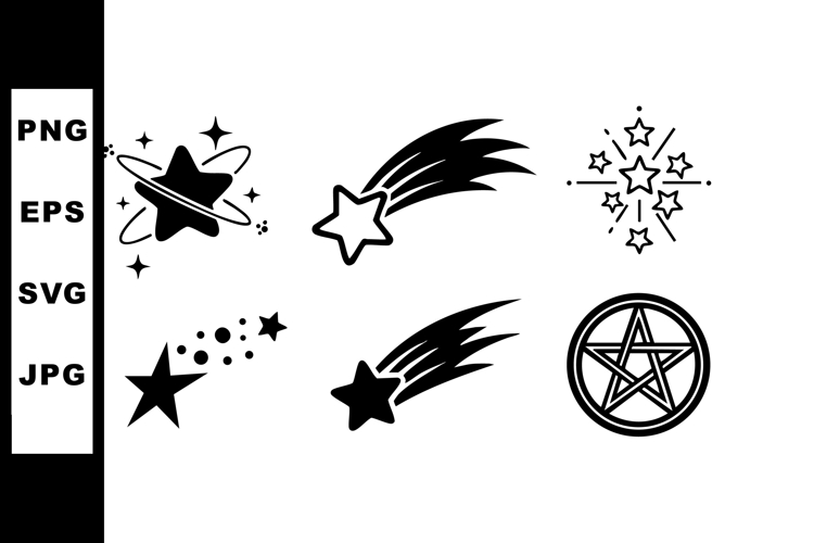 Black star icons set with shooting stars and pentagram vecto