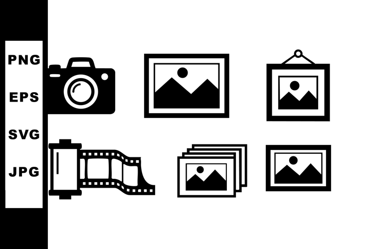 Photography camera film photo frame picture vector icons set
