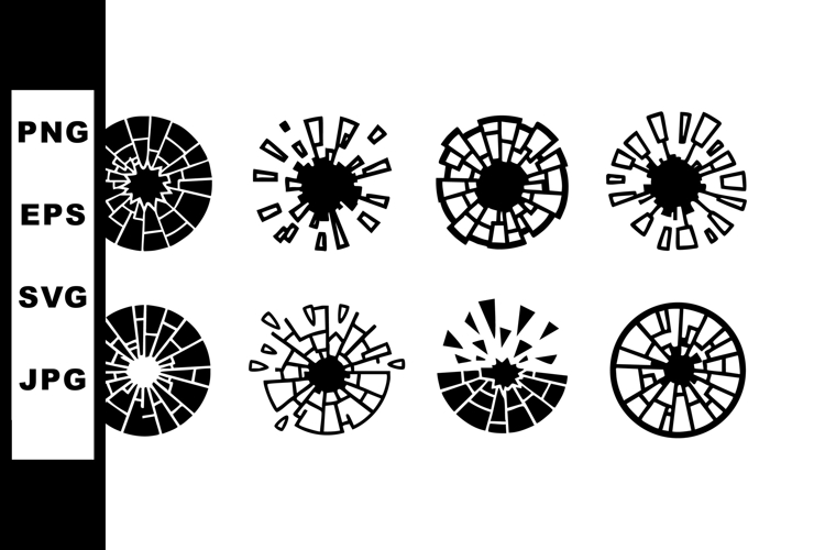 Broken glass cracks vector icons with various shattered patt