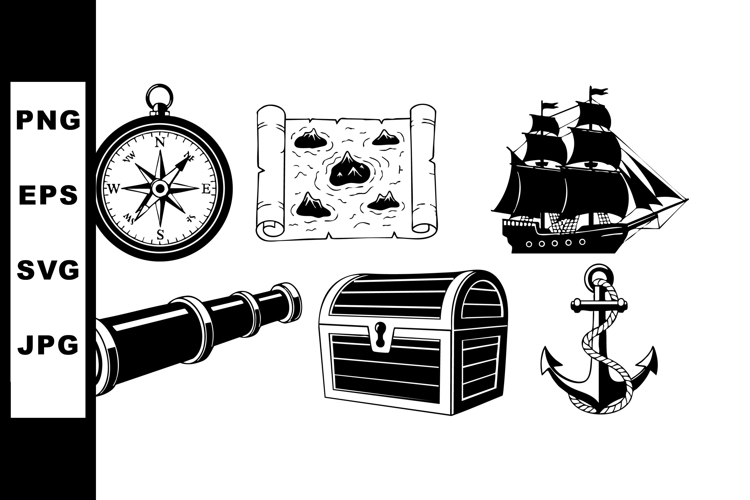 Nautical vintage compass telescope treasure chest anchor and