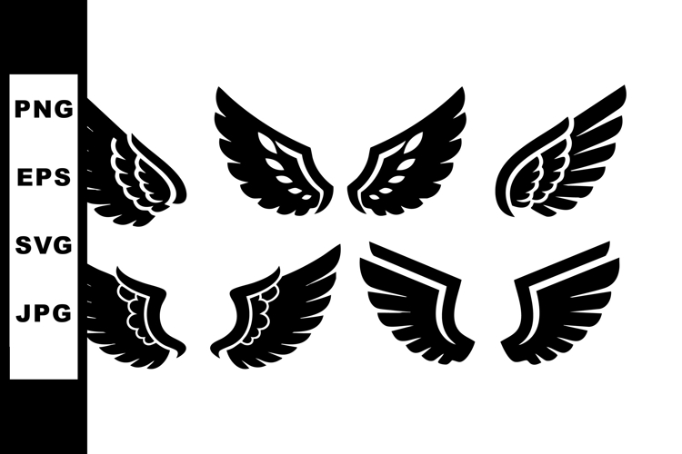 Black silhouette wing shapes vector set with different feath